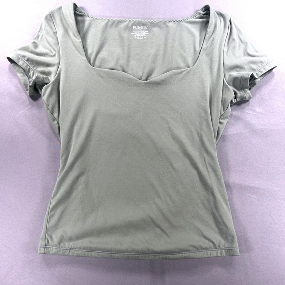 Pumiey Womens Sweetheart Neck Short Sleeve Top Light Sage Soft Knit Small - Picture 1 of 4